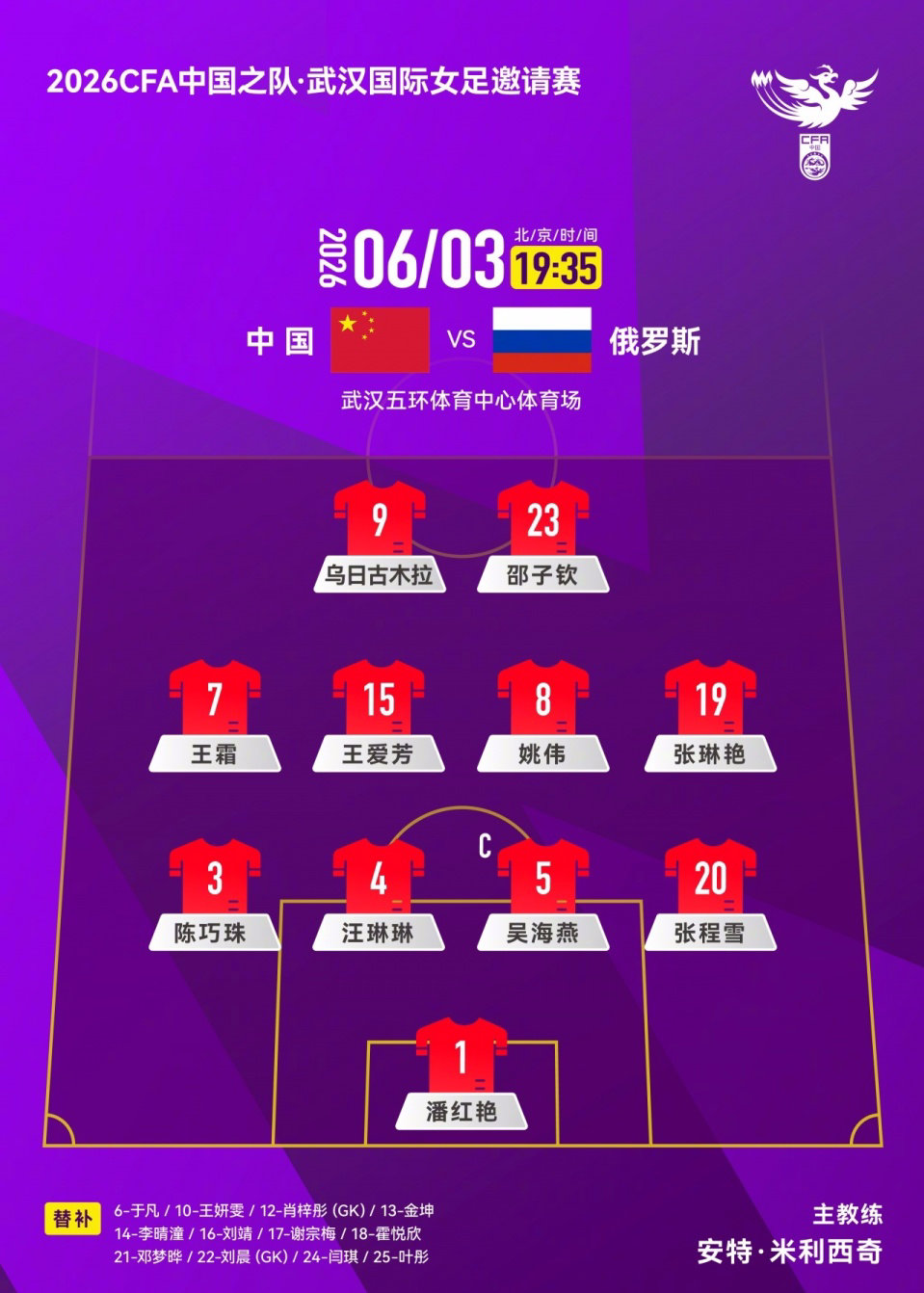 leyu机构-中国女足VS俄罗斯首发：吴海燕队长 王霜、张琳艳先发 王爱芳登场